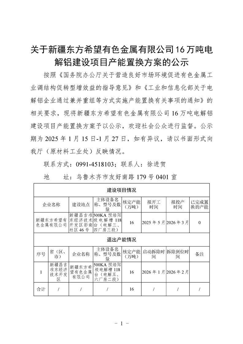新疆東方希望有色金屬16萬噸電解鋁建設(shè)項目產(chǎn)能置換方案公示